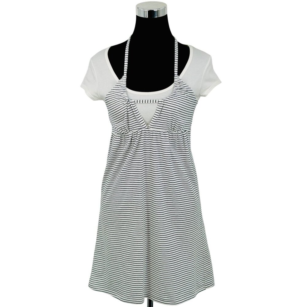 Vintage 90s NWT Black & White Striped Halter Mini Dress M | Grunge Indie Sleaze